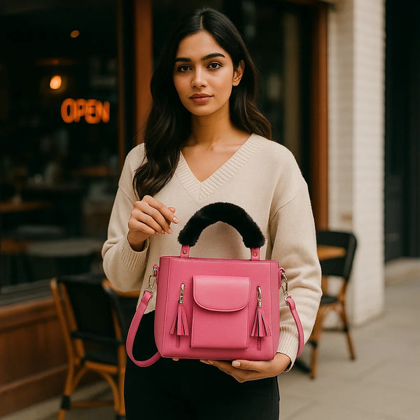 Velanzy Dual-Zip Handbag – Blush Petal Velvet