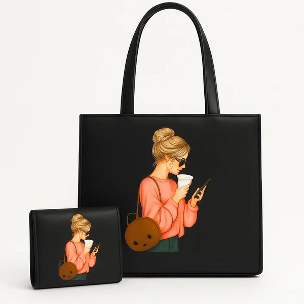 High Quality Canvas Tote Bag with Matching Wallet (2pcs Set)