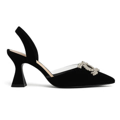 Women's Elegant Black Slingback Heels – Velvet Finish with Crystal Detail