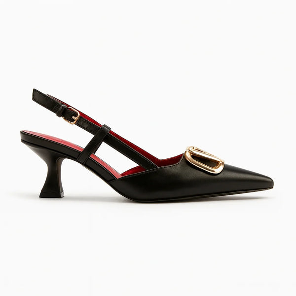Women's Designer-Inspired Slingback Heels – Gold Buckle Edition