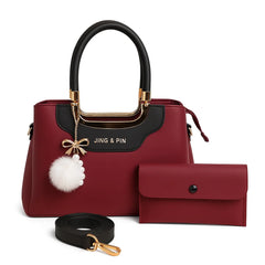 High Quality Synthetic Leather 2-Piece Handbag Set with Long Belt & Keychain