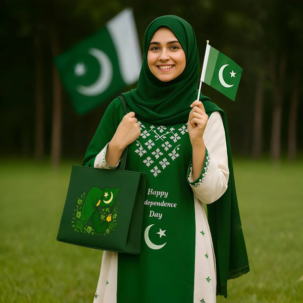 Pakistan Independence Day Tote Bag – Patriotic Hijabi Girl Design