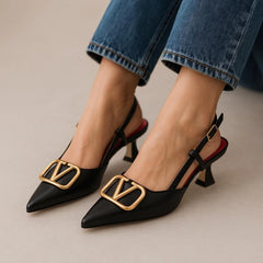 Women's Designer-Inspired Slingback Heels – Gold Buckle Edition