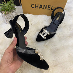 Women's Elegant Black Slingback Heels – Velvet Finish with Crystal Detail