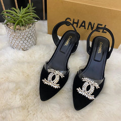 Women's Elegant Black Slingback Heels – Velvet Finish with Crystal Detail