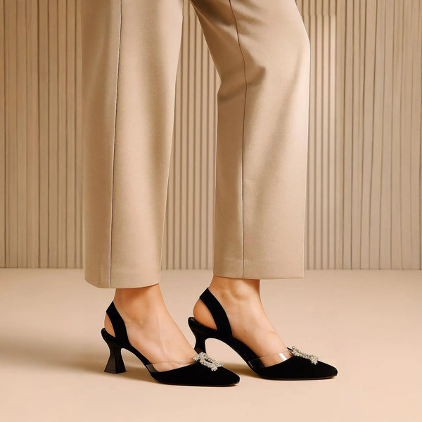 Women's Elegant Black Slingback Heels – Velvet Finish with Crystal Detail