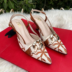 ZARA Women’s Floral Embroidered Chain Decor Pumps – With Brand Box