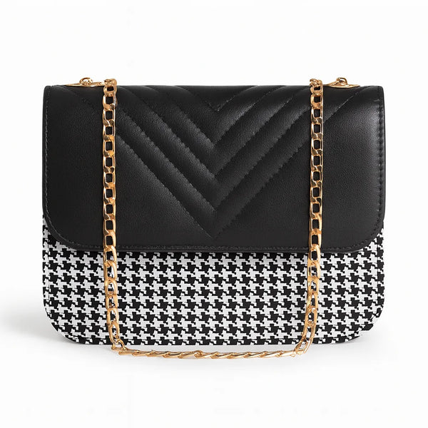 Zellbury Premium Shoulder Bag – Houndstooth Pattern with Quilted Leather Flap & Golden Chain