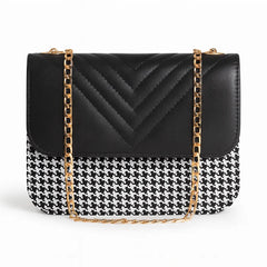 Zellbury Premium Shoulder Bag – Houndstooth Pattern with Quilted Leather Flap & Golden Chain