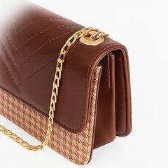 Zellbury Premium Shoulder Bag – Houndstooth Pattern with Quilted Leather Flap & Golden Chain