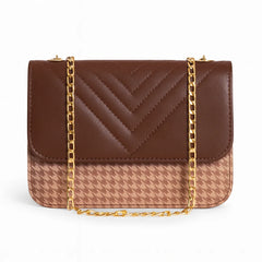 Zellbury Premium Shoulder Bag – Houndstooth Pattern with Quilted Leather Flap & Golden Chain