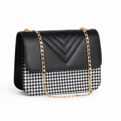 Zellbury Premium Shoulder Bag – Houndstooth Pattern with Quilted Leather Flap & Golden Chain
