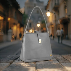 Velanzy Croc-Textured Shoulder Tote – Stone Grey Luxe