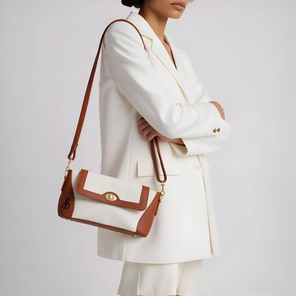Velanzy Elegant Dual-Tone Flap Bag – Classic Brown & Cream